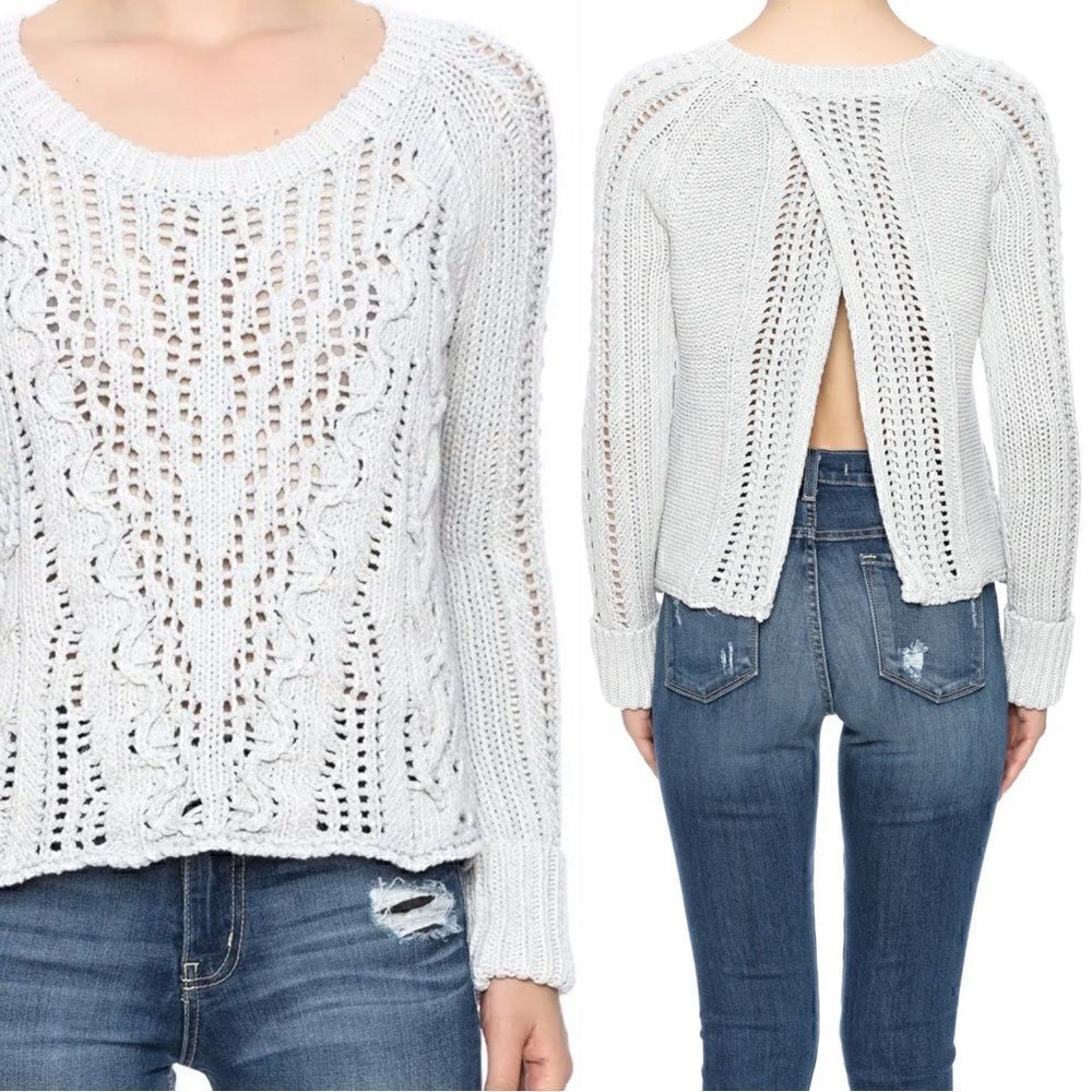 Free People Cross Cable Thick Knit Light Gray Open Back Pullover Sweater Sz S